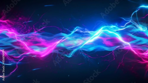 Vibrant streams of pink and blue neon lights intertwine against a dark background. Electric energy flows dynamically, creating a sense of movement and intensity.	