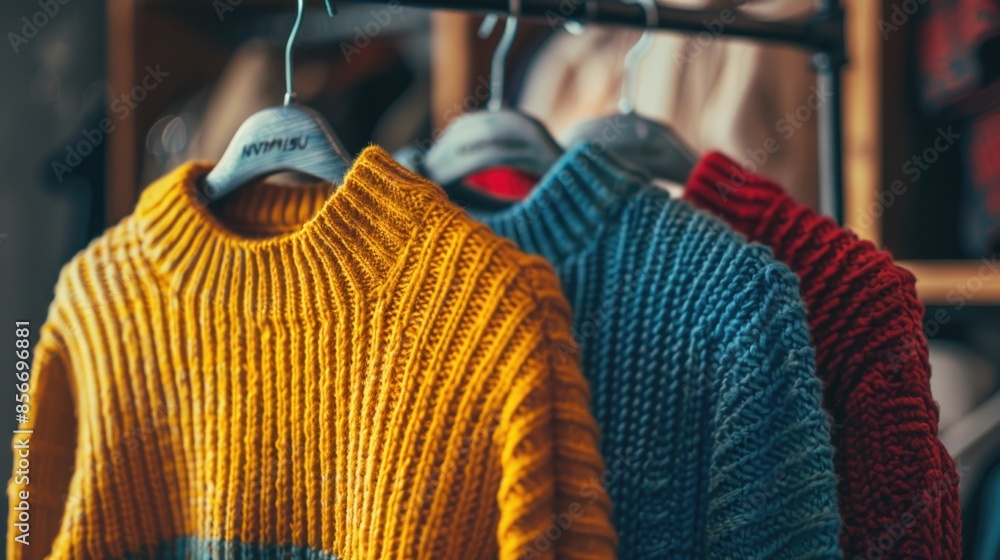 Sweaters displayed on a rack in a clothing store, ideal for fashion or commercial use Sweaters displayed on a rack in a clothing store, ideal for fashion or commercial use