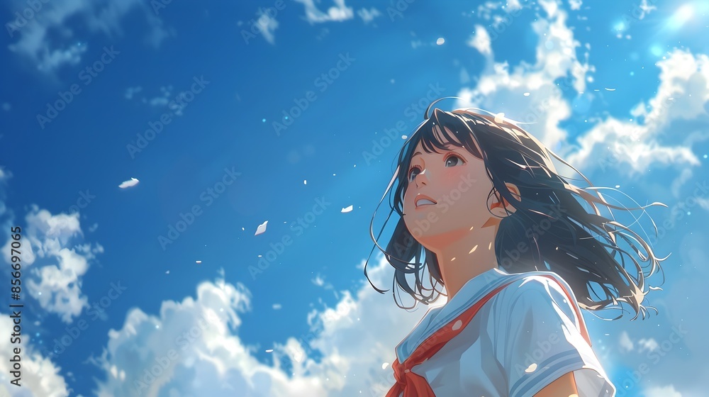 Young Woman Enjoying the Gentle Breeze under the Vast Blue Sky in Japan Style Young Woman Enjoying the Gentle Breeze under the Vast Blue Sky in Japan Style