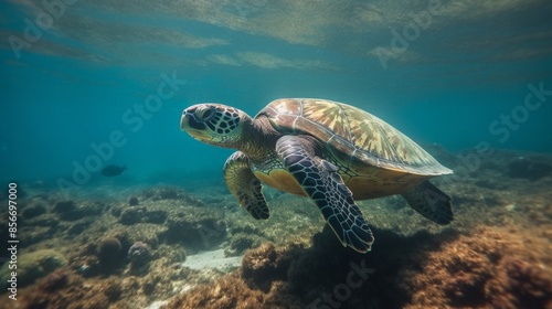 Sea turtle swimming near a coral reef