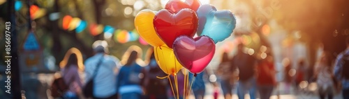 A bunch of balloons with hearts on them are being held by a person in a crowd. The balloons are in various colors, including red, yellow, and blue. The scene appears to be lively and festive