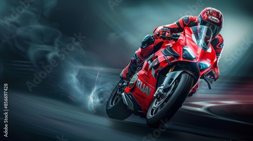 A man on a red motorcycle racing against a dark background with the word race on the front