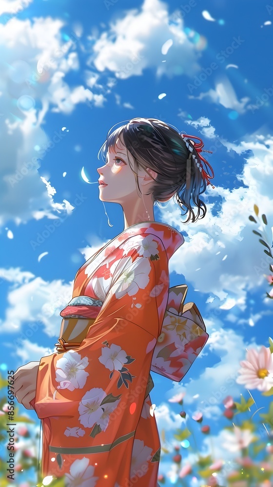 Young Japanese Woman Enjoying a Gentle Spring Breeze Young Japanese Woman Enjoying a Gentle Spring Breeze
