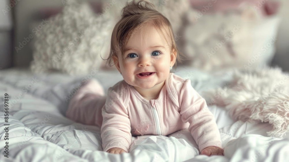 Long Shots , Beautiful smiling baby girl on a white bed in a pink onesie , adobe lightroom filter , Ultra clear image, Add Copyspace Long Shots , Beautiful smiling baby girl on a white bed in a pink onesie , adobe lightroom filter , Ultra clear image, Add Copyspace