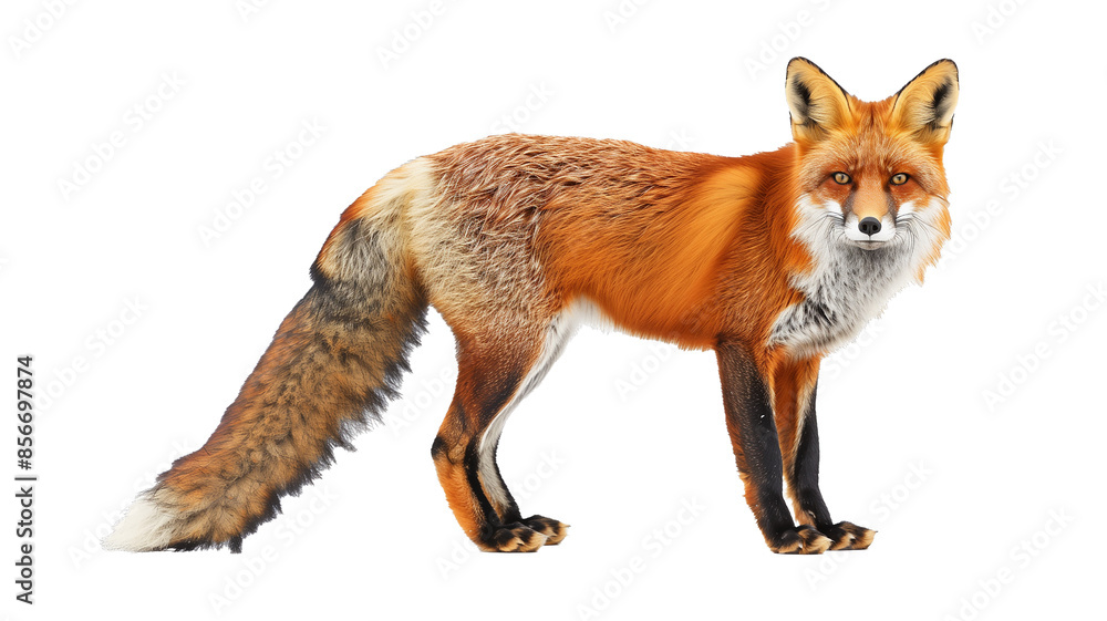 A detailed illustration of a vibrant red fox standing alert with its tail curled around its body, on a white background A detailed illustration of a vibrant red fox standing alert with its tail curled around its body, on a white background