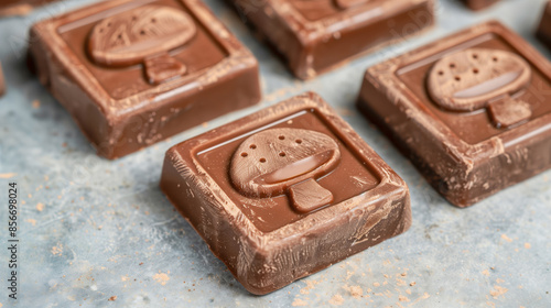 Fictional handmade chocolate pieces made of using plant-based ingredients, functional mushrooms. Embossed mushroom icons on top. Concept of chocolate formulated with mushrooms: lion’s mane, cordyceps.