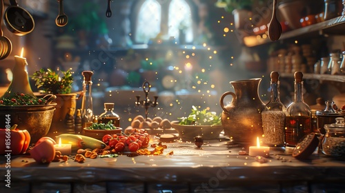 A magical potion brews on a table in a dimly lit kitchen filled with herbs, candles, and antique vessels.