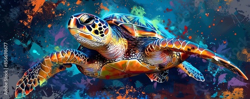 Colorful abstract painting of a sea turtle swimming in the ocean.