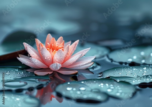 Delicate pink water lily with raindrops on its petals floats serenely on a pond