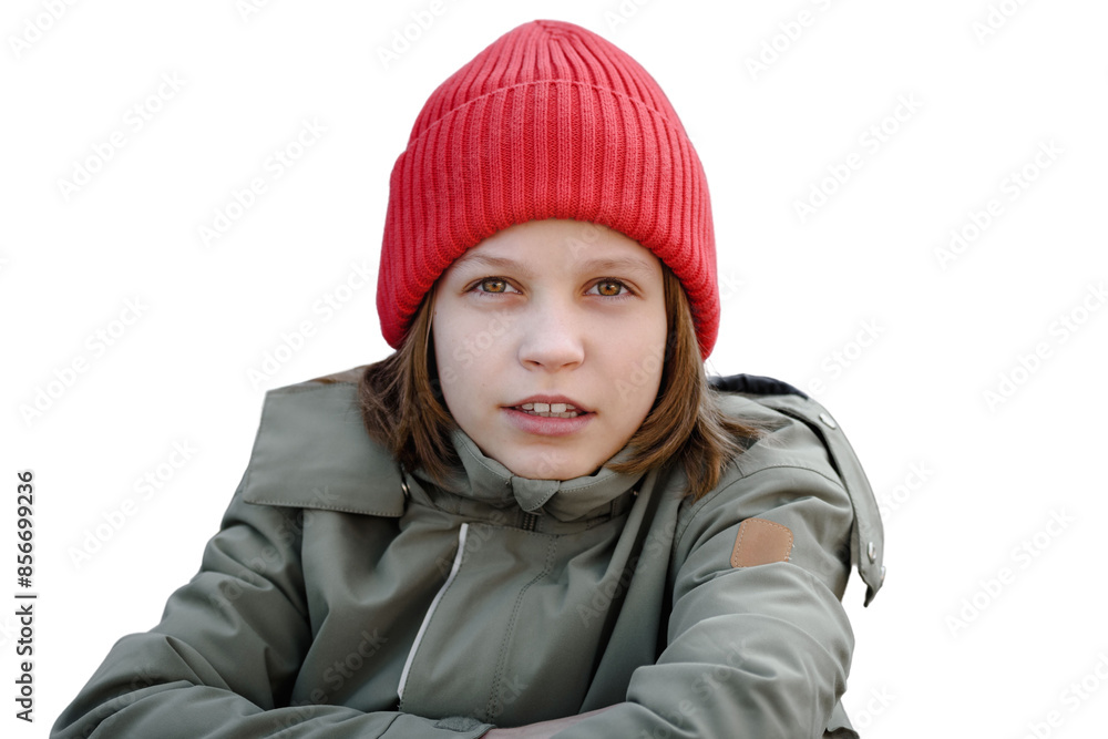 Portrait of happy modern teenage boy in trendy red knitted hat isolated on white background, Isolated style: Teenager's portrait with hat and jacket reflects the essence of transitional age Portrait of happy modern teenage boy in trendy red knitted hat isolated on white background, Isolated style: Teenager's portrait with hat and jacket reflects the essence of transitional age
