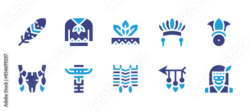 Nativity icon set. Duotone color. Vector illustration. Containing headdress, indian, bone, bullskull, feather, arrow, shirt, totem.
