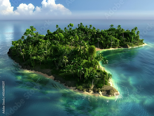 Small island with a boat in the middle of the water Fantasy hallelujah mountains,
A tropical island with palm trees on it


