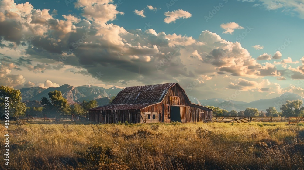 A rural farmhouse surrounded by fields and mountains in the distance A rural farmhouse surrounded by fields and mountains in the distance