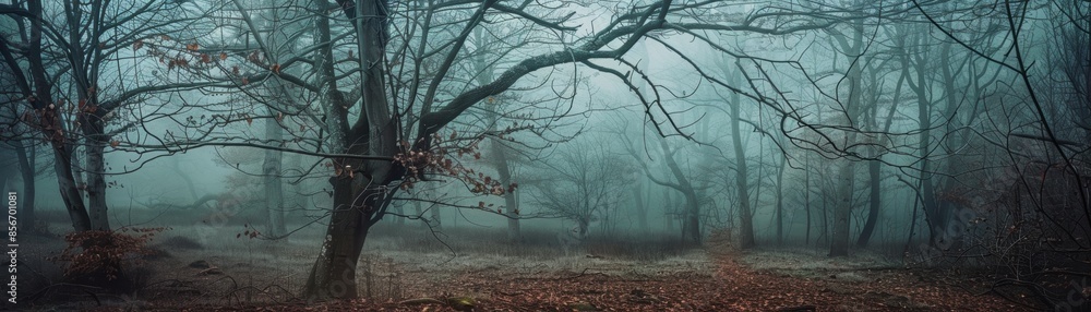 Eerie, foggy forest scene with bare trees and a mysterious, haunting atmosphere. Perfect for themes of mystery, nature, and darkness. Eerie, foggy forest scene with bare trees and a mysterious, haunting atmosphere. Perfect for themes of mystery, nature, and darkness.