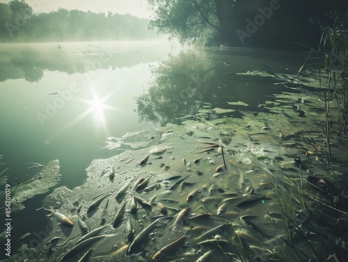 Early morning mist over a serene lake with reflective water and a variety of fish visible through the clear surface.