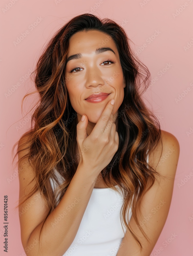 Fototapeta premium Portrait of a confident woman with long hair in front of pink background, touching her face and smiling warmly.