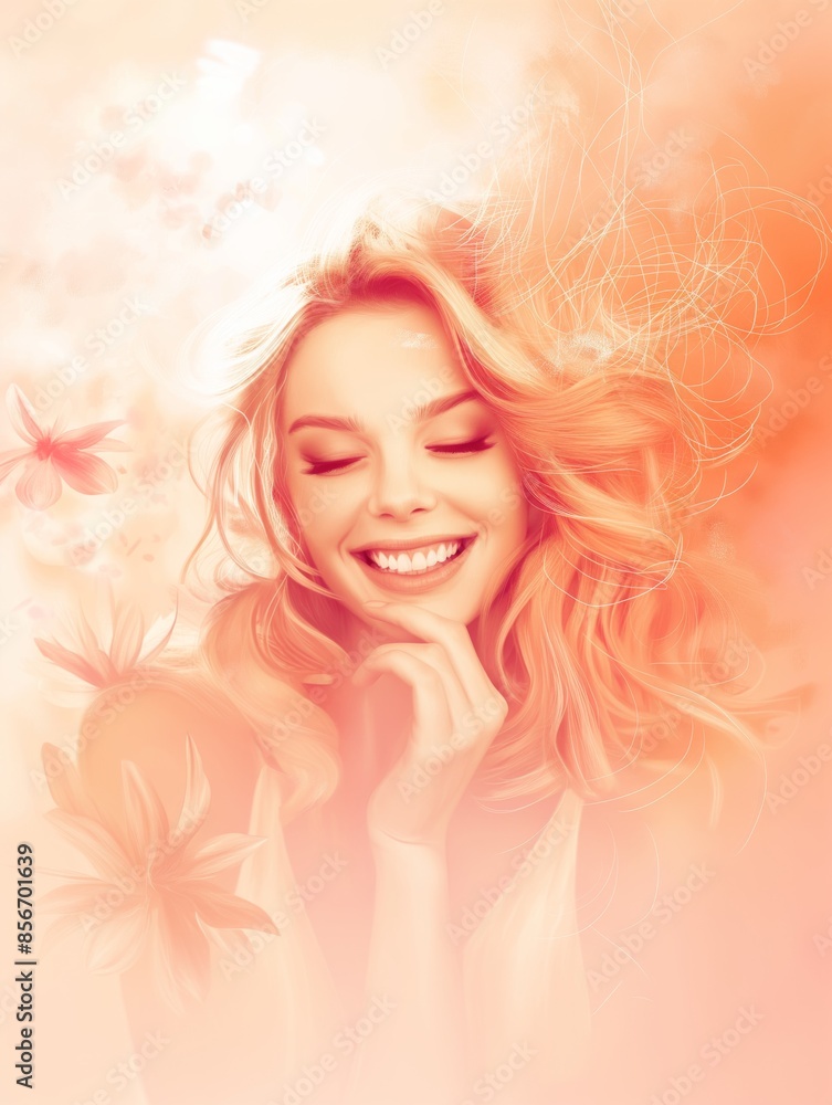 Radiant woman with golden hair smiling joyfully amidst a dreamy, floral background in warm tones. Radiant woman with golden hair smiling joyfully amidst a dreamy, floral background in warm tones.
