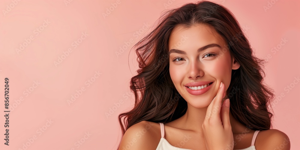 Smiling young woman touching her face, with long hair against a pink background. Beauty, confidence, and skincare concept. Smiling young woman touching her face, with long hair against a pink background. Beauty, confidence, and skincare concept.