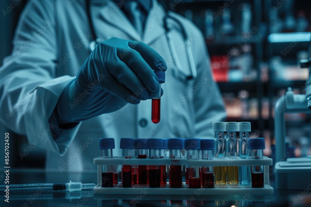 A scientist holds a tube of blood in a laboratory setting, suitable for medical or scientific illustrations A scientist holds a tube of blood in a laboratory setting, suitable for medical or scientific illustrations