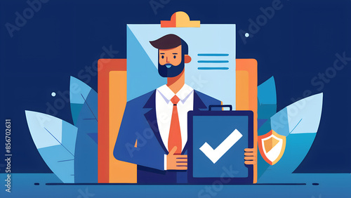 Businessman Confidently Holding Checklist With Approved Checkmark and Shield Symbol