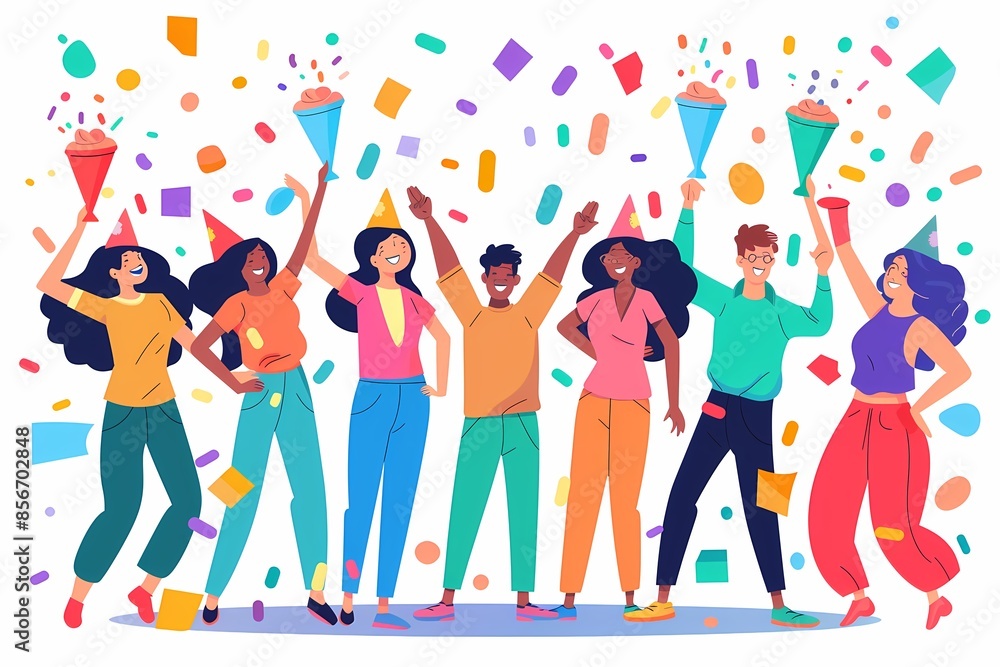 Diverse friends celebrating with confetti and party hats in a joyful festive atmosphere Diverse friends celebrating with confetti and party hats in a joyful festive atmosphere
