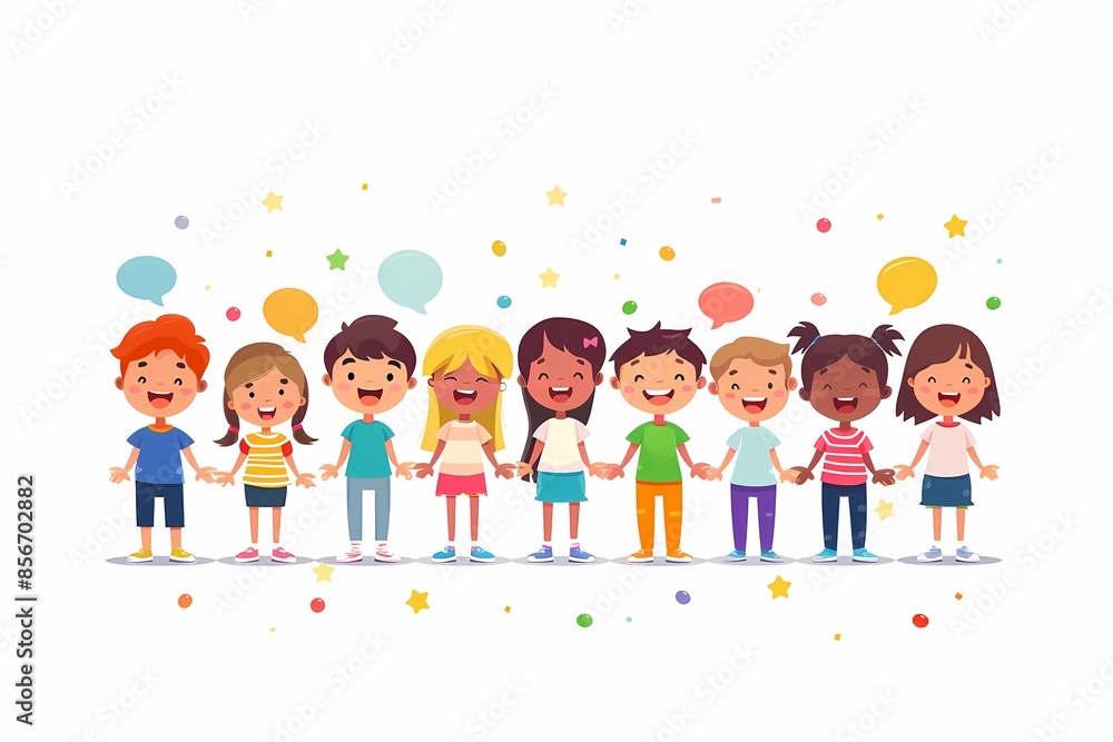 Happy diverse children holding hands, smiling, with colorful confetti and speech bubbles around them Happy diverse children holding hands, smiling, with colorful confetti and speech bubbles around them