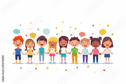 Happy diverse children holding hands, smiling, with colorful confetti and speech bubbles around them