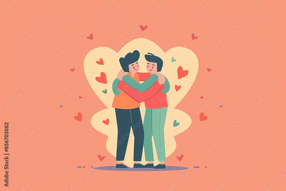 Two friends share a warm hug, surrounded by hearts, illustrating love and friendship. Two friends share a warm hug, surrounded by hearts, illustrating love and friendship.