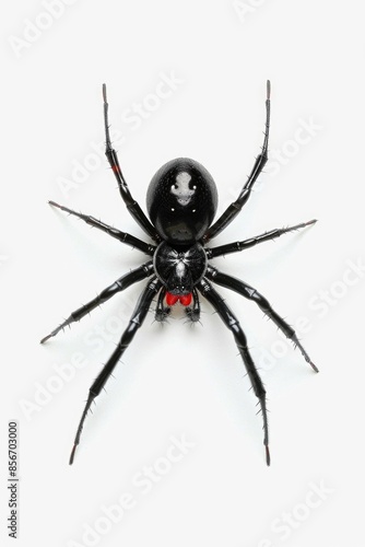 A single black widow spider sitting on a white background