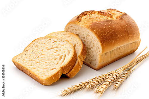 A loaf of freshly baked bread with two slices and wheat stalks on a white background.