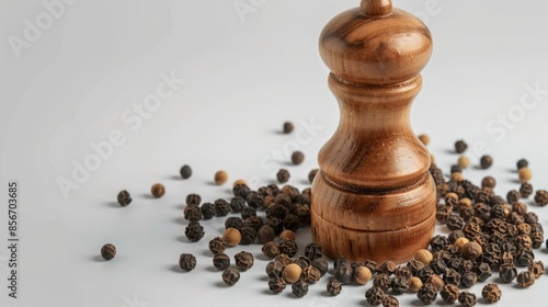 A close-up of a wooden pepper mill filled with pepper seeds, perfect for use in kitchen or as decoration