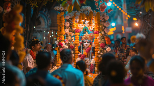 Janmashtami festival in India, people gather around the statue of Lord Krishna decorated with flowers, majestic temple background with bright lights, AI generated Images