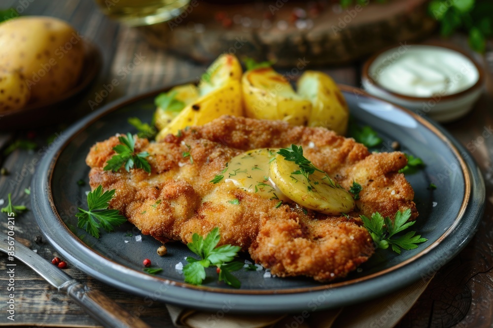A plate of crispy fried chicken served with boiled potatoes and garnished with fresh parsley A plate of crispy fried chicken served with boiled potatoes and garnished with fresh parsley