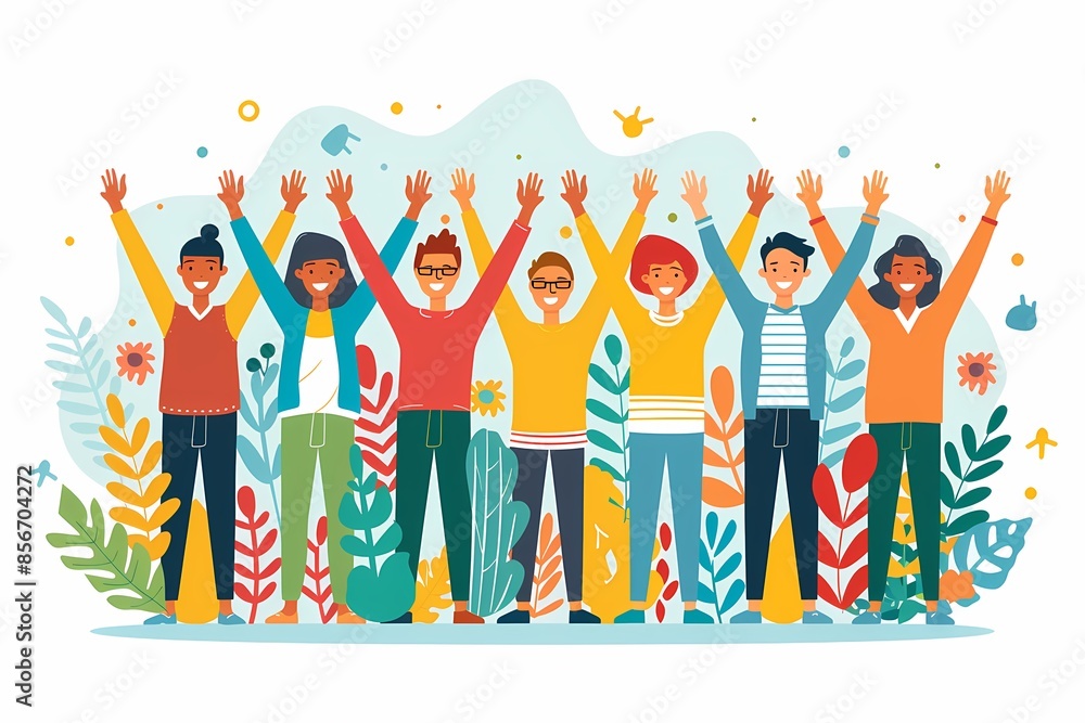 Diverse group of happy people with raised hands standing together outdoors. Diverse group of happy people with raised hands standing together outdoors.