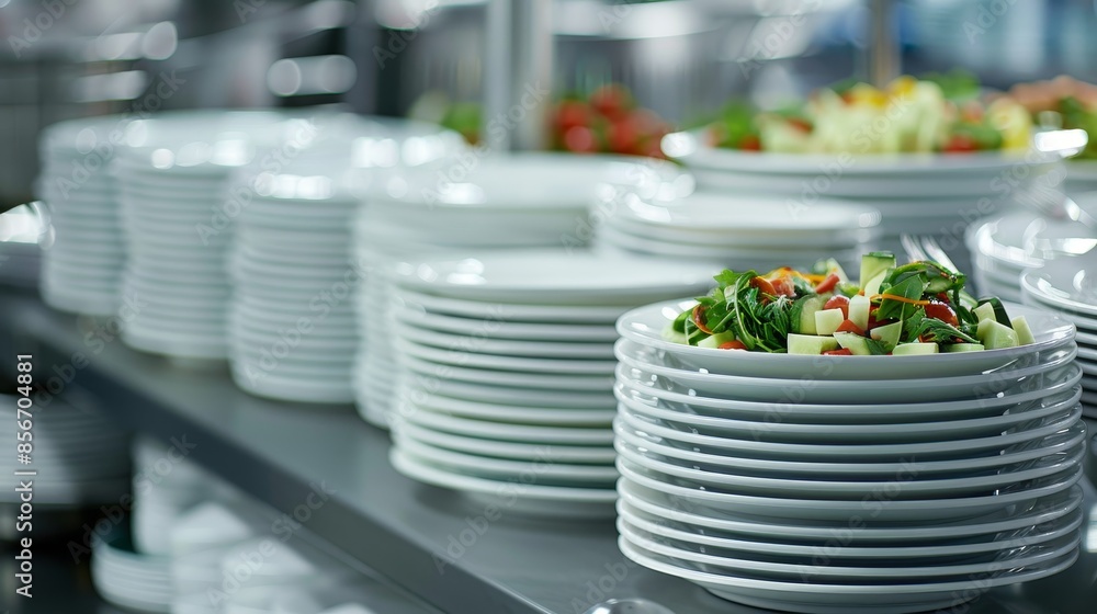 Beautifully presented stacks of plates and serving dishes in a sleek catering environment, ready to be used, raw and polished look Beautifully presented stacks of plates and serving dishes in a sleek catering environment, ready to be used, raw and polished look
