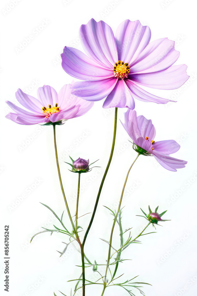 Graceful pink cosmos flower on white background. Colorful realistic illustration of columbine flower for botanical books, articles, cards and invitations design Graceful pink cosmos flower on white background. Colorful realistic illustration of columbine flower for botanical books, articles, cards and invitations design