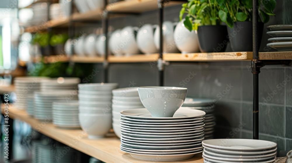 Contemporary catering setup featuring stacks of plates and serving dishes, clean and beautifully presented, ready for use, raw style Contemporary catering setup featuring stacks of plates and serving dishes, clean and beautifully presented, ready for use, raw style