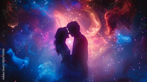 Silhouettes of a couple embracing against a backdrop of vibrant, swirling nebulae.