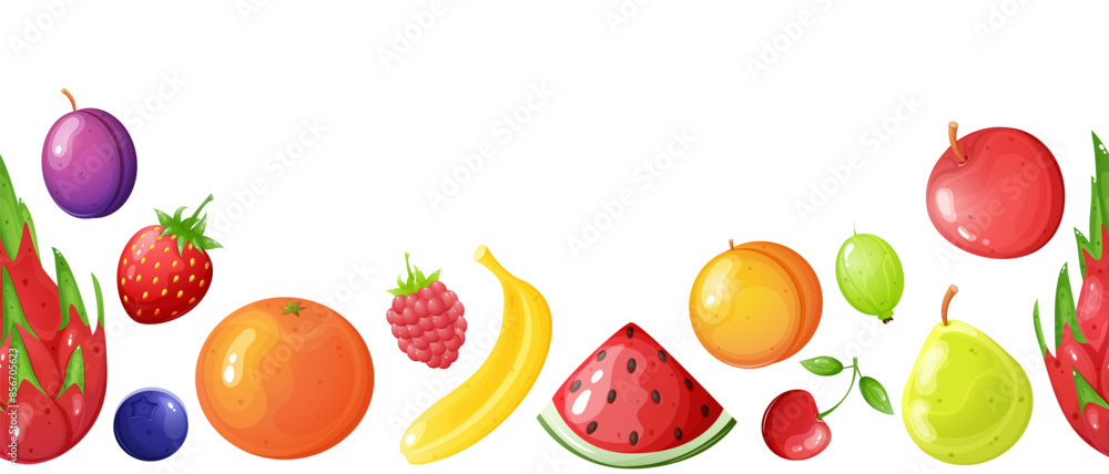 Cartoon fruits and berries seamless horizontal border. Summer promo banner template. Cartoon fruits and berries seamless horizontal border. Summer promo banner template.