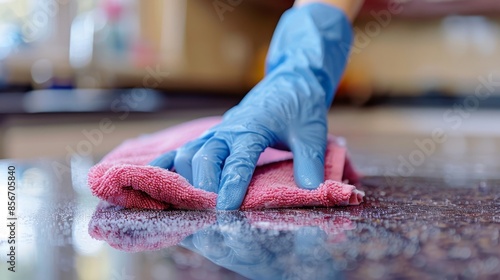 Detailed shot of blue-gloved hand wiping countertop with pink cloth, focus on glove and cloth texture, house cleaning, raw style