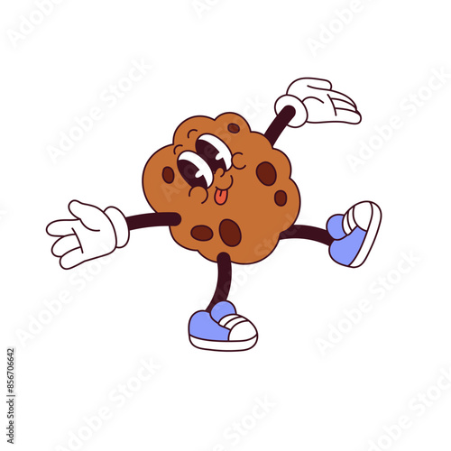 Groovy character of chocolate cookie in retro gloves on hands walks. Funky biscuit with round shape has fun. Happy bakery mascot shows tongue. Flat isolated vector illustration on white background