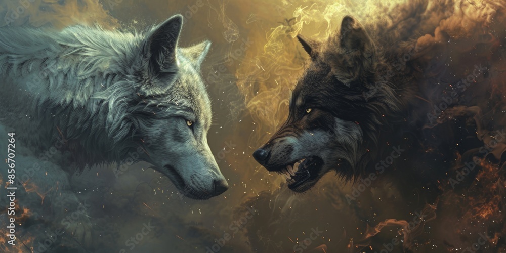 Conceptual Art Depicting Duality: Two Fierce Wolves Facing Each Other ...