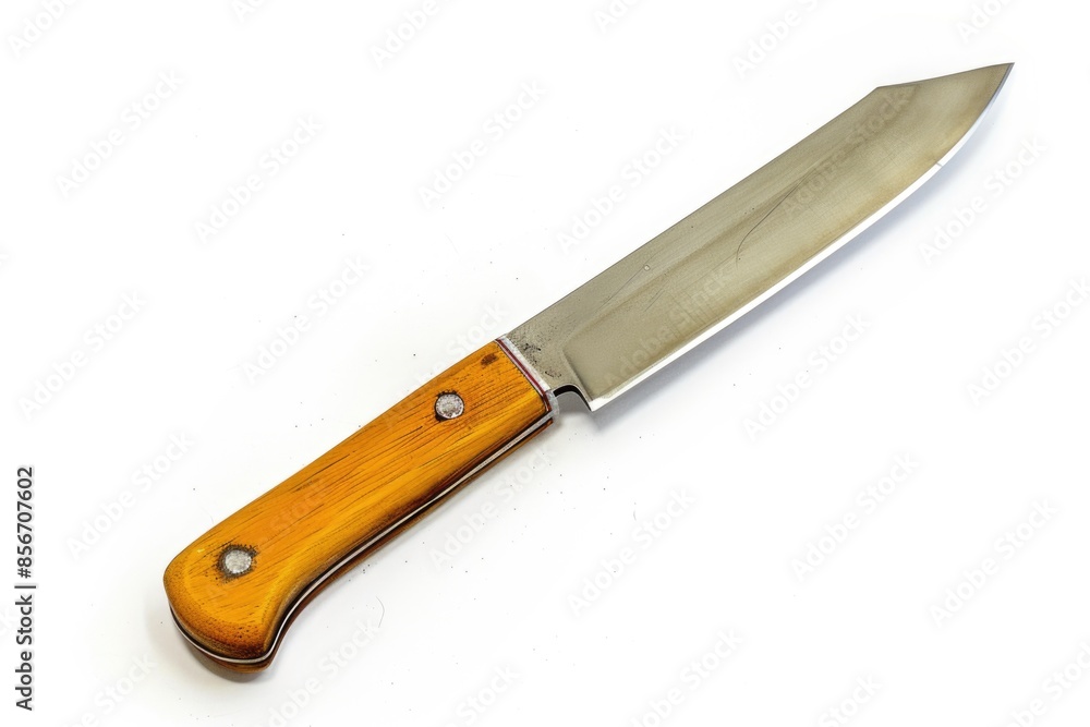 A close-up shot of a knife with a wooden handle placed on a white surface, great for use in still life or product photography A close-up shot of a knife with a wooden handle placed on a white surface, great for use in still life or product photography