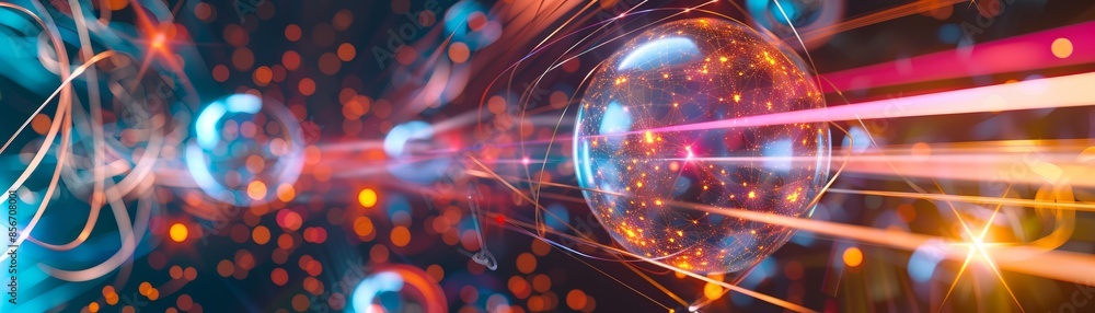 A hightech depiction of quantum field theory with fields and particles interacting, front view, emphasizing modern physics, technology tone, Triadic Color Scheme A hightech depiction of quantum field theory with fields and particles interacting, front view, emphasizing modern physics, technology tone, Triadic Color Scheme