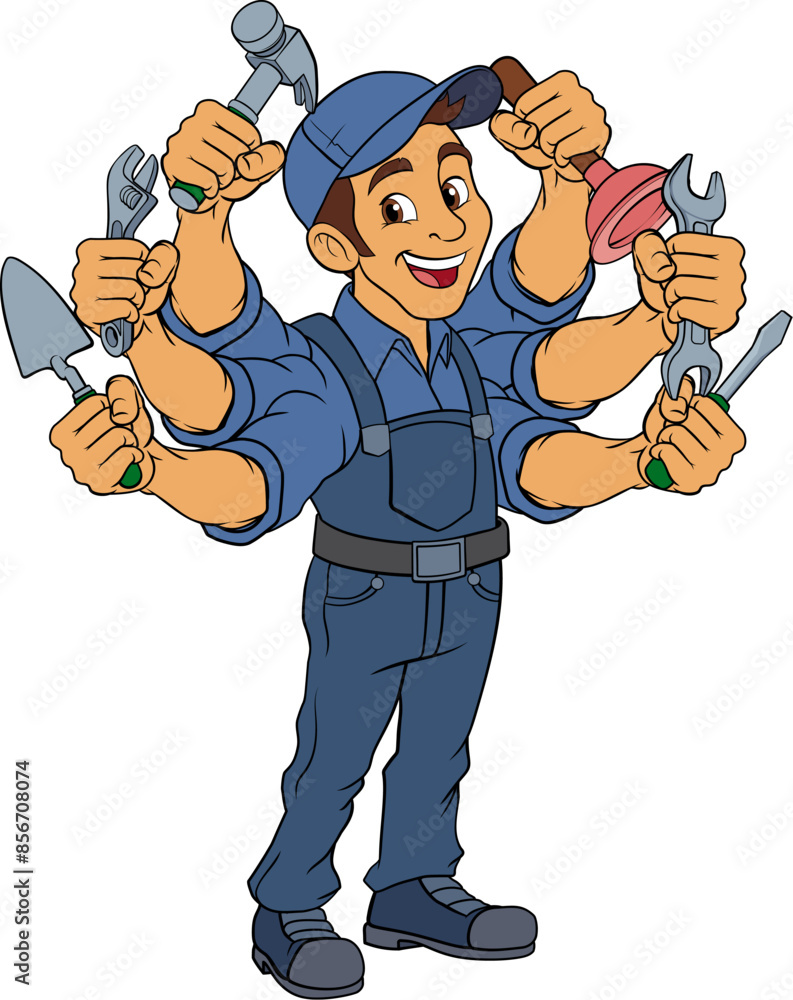 A handyman cartoon handy man caretaker construction worker or maintenance man multitasking caretaker concept. A handyman cartoon handy man caretaker construction worker or maintenance man multitasking caretaker concept.