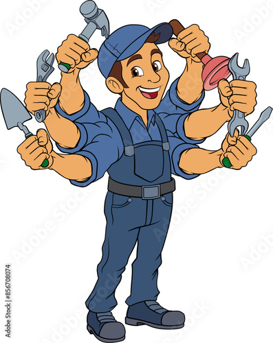 A handyman cartoon handy man caretaker construction worker or maintenance man multitasking caretaker concept.