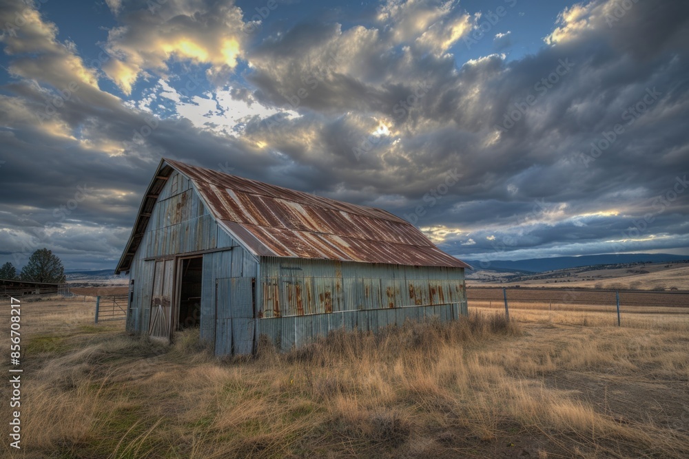 A rustic old barn stands in a green field under a cloudy sky, suitable for rural or country-themed designs A rustic old barn stands in a green field under a cloudy sky, suitable for rural or country-themed designs