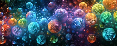 Abstract digital art with vibrant spheres and dots in glowing colors photo