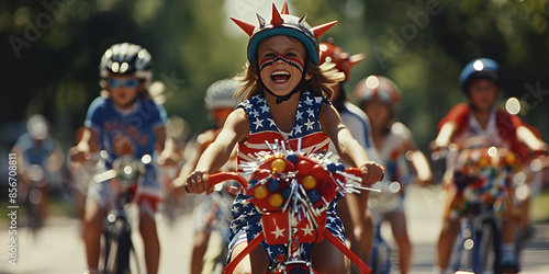 Kids Riding Bikes in Patriotic Parade, Joyful 4th of July Celebration
