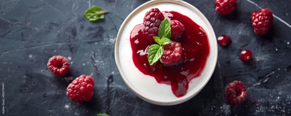 Aerial view of a rich and creamy panna cotta with fresh berries, beautifully presented Aerial view of a rich and creamy panna cotta with fresh berries, beautifully presented